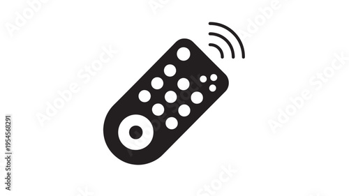 Remote control icon with wireless signal waves emitted from its buttons and circular power button featuring television, technology, entertainment