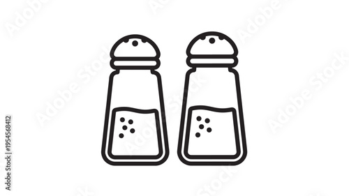 Salt and pepper shakers with black outlines and dots inside representing contents on a white background.