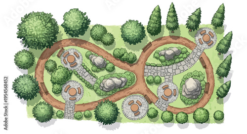 Landscape design plan vector illustration, top view garden layout with winding paths and seating areas, architectural park site map with trees isolated PNG with Transparent Background