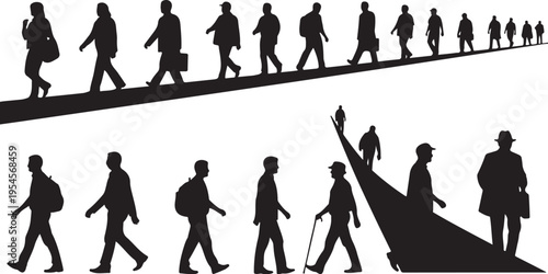 Silhouettes of people walking in different directions together alone