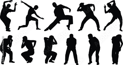 Dancing people silhouettes set featuring energetic male poses hip hop freestyle movements isolated vector collection for music and performance design