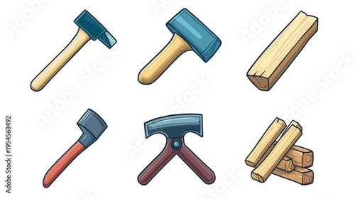 Various stylized cartoon illustrations of carpentry tools and cut wood pieces on a white backdrop