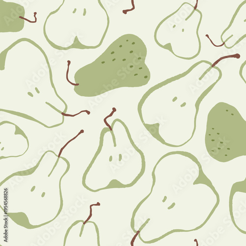 Seamless Hand-Drawn Sage Green Pears Pattern on Cream Background with Minimal Farmhouse Vector