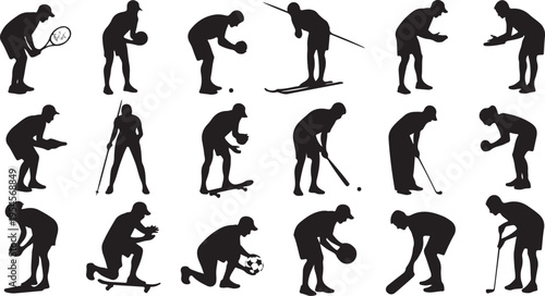 Silhouettes of athletes playing various sports in action poses