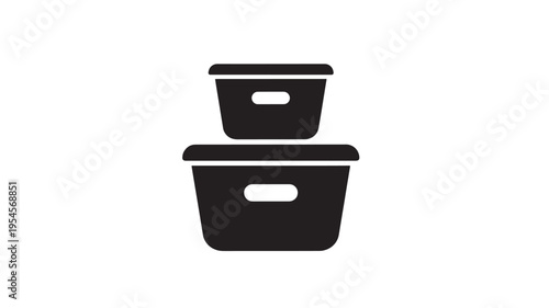 Containers black icon with two stacked rectangular storage boxes featuring cut-out handles for easy lifting and organization