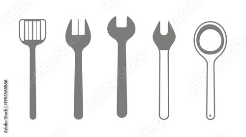 Monochrome illustration of cooking utensils and tools, including various wrenches and cooking implements