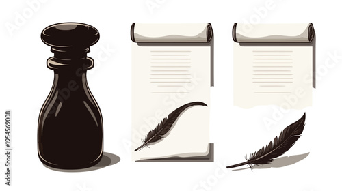 A vintage ink bottle, paper scrolls, and quill pens are depicted on a clean white background