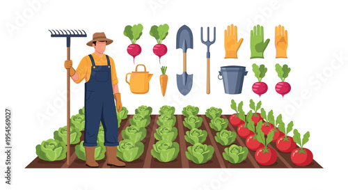Hardworking farmer standing in a vegetable field with various gardening tools like a rake, shovels, gloves, and a watering can.