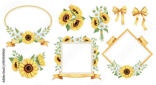 Elegant set of sunflower-themed frames and bouquets decorated with white daisies, golden ribbons, and delicate green foliage.