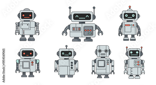 Collection of seven unique robot characters in a classic retro-futuristic style with various antenna and screen display faces.