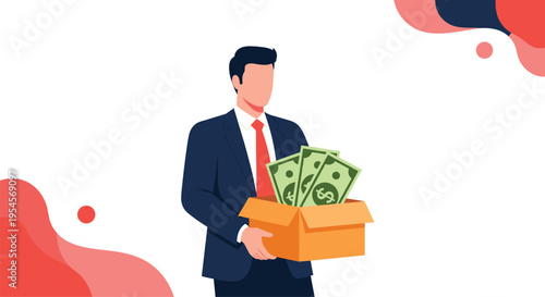Successful businessman in a professional suit holding a cardboard box overflowing with green dollar banknotes against an abstract background.