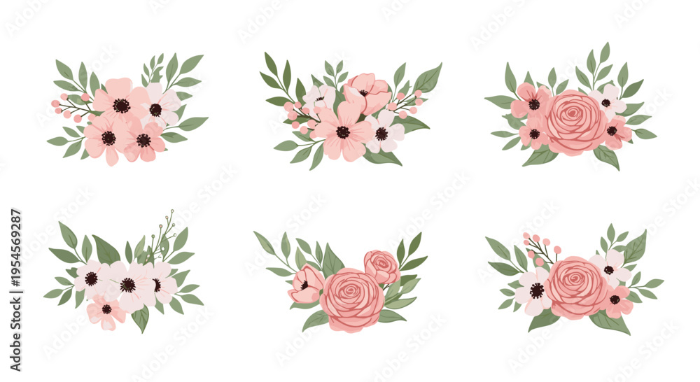 Obraz premium Set of six beautiful floral arrangements featuring pink and peach roses with green leaves for wedding invitations or decorative cards.
