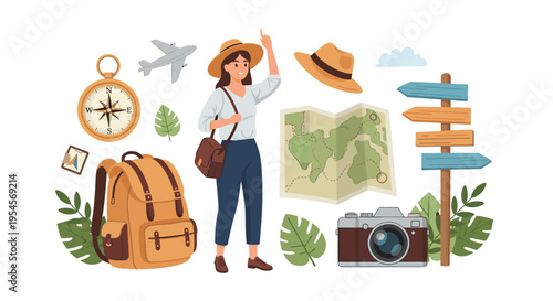 Adventure travel elements set featuring woman hiker, backpack, camera, map, compass, and directional signs for vacation planning concept.