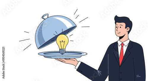 Successful businessman in formal suit presenting bright glowing lightbulb on silver platter as symbol for providing creative new ideas.