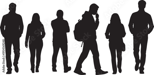 Silhouettes of people walking in different poses and styles