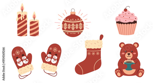 Christmas holiday icons collection featuring warm mittens, festive ornament, sweet cupcake, candles, stocking, and teddy bear with hot cocoa.