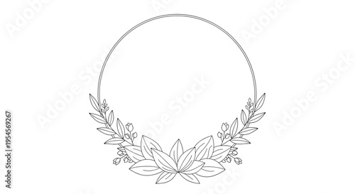 Simple black and white circular frame made of delicate leaf branches and floral buds for elegant wedding or greeting card decoration.