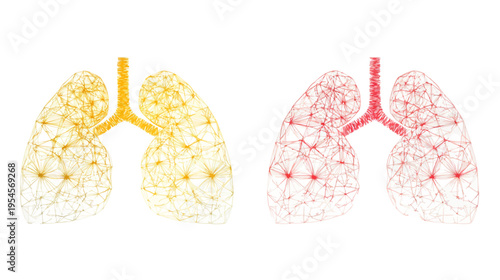 Two graphic illustrations of human lungs, rendered in a wireframe style, colored gold and red