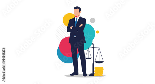 Confident male lawyer or legal professional standing with arms crossed next to scales of justice and gold coins on abstract background.