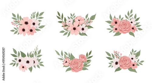 Set of six beautiful floral arrangements featuring pink and peach roses with green leaves for wedding invitations or decorative cards.
