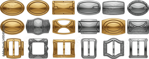 Decorative metal buckle set in gold and silver finishes showing fashion accessory fasteners and strap hardware designs, cad drawing flat vector illustration