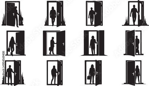 Silhouettes of people entering and exiting through doors slowly