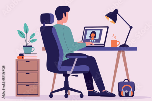 Man having a video call while working from his home office setup