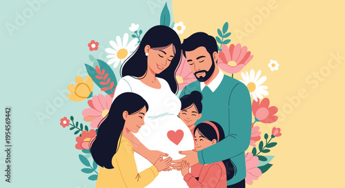 Happy multiracial family celebrating pregnancy with children hugging their mother while surrounded by colorful blooming floral background.