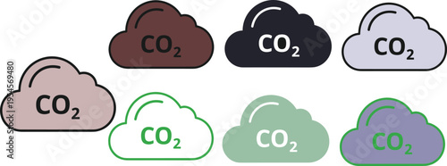 Carbon dioxide cloud icons set flat vector illustration climate change pollution emission symbol collection modern cad drawing style graphic design