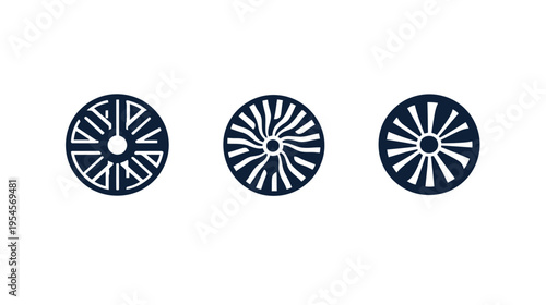 Three stylized, circular designs with symmetrical patterns against a white background