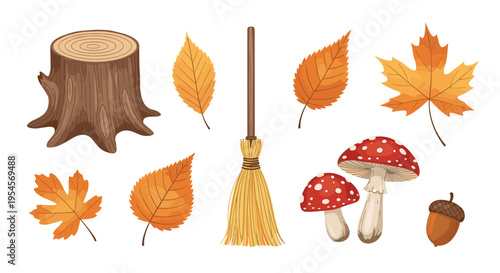 Autumn forest elements collection featuring tree stump, wooden broom, red mushrooms, acorn, and various orange fallen leaves on white background.