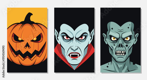 Set of three halloween banners with close up faces of spooky carved pumpkin, vampire with fangs, and creepy zombie on dark backgrounds.