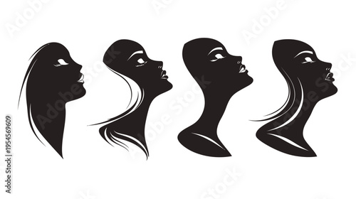 Four black silhouettes of women's profiles, gazing upwards, with variations in hair and neckline details
