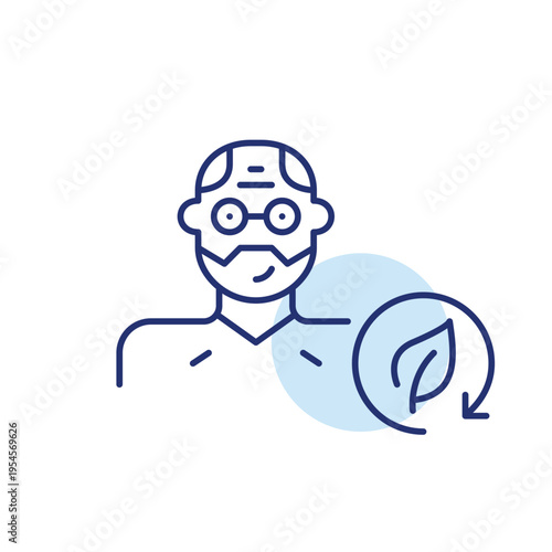 Sustainable user, middle-aged man wearing glasses and leaf in renew arrow. Pixel perfect, editable stroke vector icon