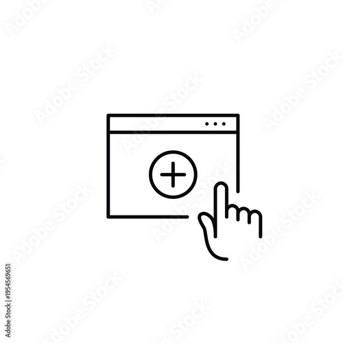 New task, screen add, app install, workspace update. Plus on web page and finger click. Pixel perfect, editable stroke vector icon