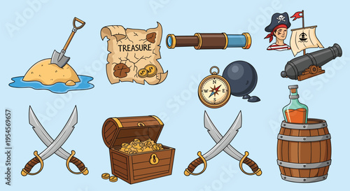 Pirate adventure elements set featuring treasure map, chest of gold, swords, spyglass, parrot, cannon, and nautical compass on blue.