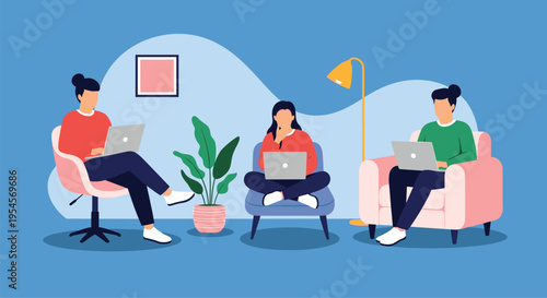 Three colleagues working remotely on laptops while sitting comfortably in armchairs at a cozy modern home office or coworking lounge.