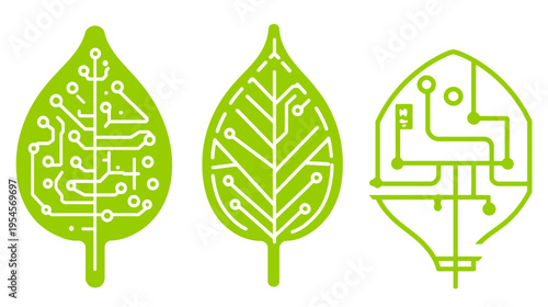 Three stylized leaf shapes, each with circuits replacing veins, set against a white background