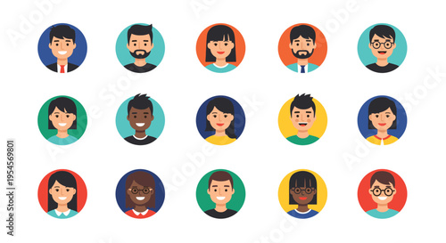 Diverse collection of colorful flat avatar icons representing people of various ethnicities, ages, and styles in circular frames for social profiles.