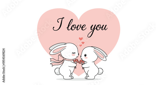 Sweet illustration of two cute white bunnies holding flower bouquets in front of a large pink heart with the text I love you for Valentine's Day.