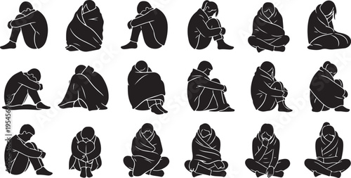 Collection of sad people sitting alone in various poses