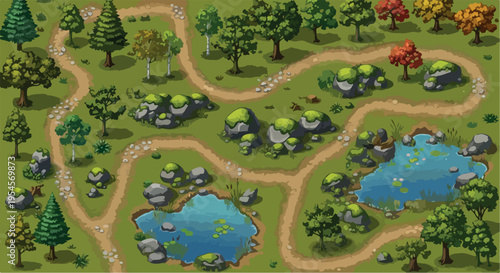 Top-down view of a vibrant green forest landscape with winding dirt paths, mossy rocks, various trees, and two blue ponds, ideal for game maps or nature-themed designs. isolated PNG with