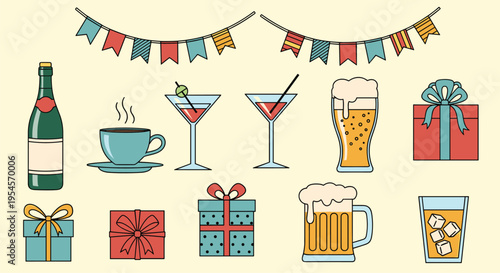 Cheerful party illustration set featuring champagne, coffee, cocktails, beer, whiskey, gifts, and colorful bunting flags on a light background.