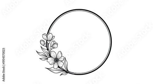 Elegant black and white line art of a circular floral frame decorated with delicate cherry blossoms and buds for minimal wedding invitations.