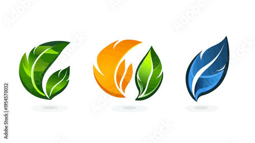 Three stylized leaf icons in green, orange, and blue with subtle shadows on a white background