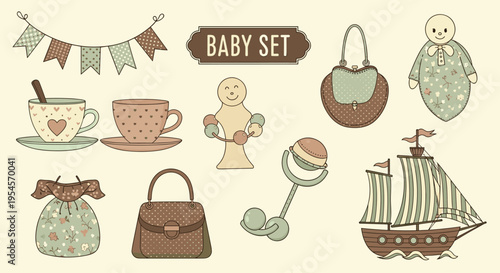 Vintage baby themed set in soft muted colors containing a ship toy, baby doll, bags, cups, and rattles for a nostalgic nursery decoration.