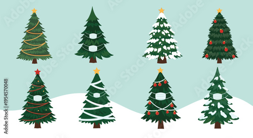 Diverse collection of Christmas trees decorated with traditional ornaments, snow, and some even wearing protective face masks for health awareness.