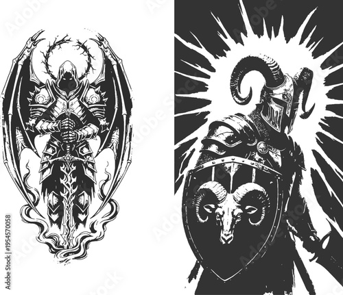 Fantasy creatures and warriors in black and white Vector