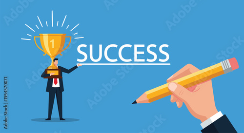 Success concept illustration showing a businessman holding a large golden trophy while a giant hand writes the word success with a yellow pencil.