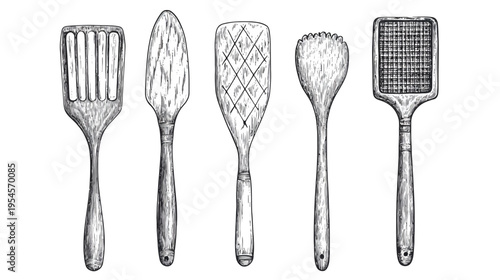 Illustration of various kitchen utensils, hand-drawn with intricate detail and shading on a white background